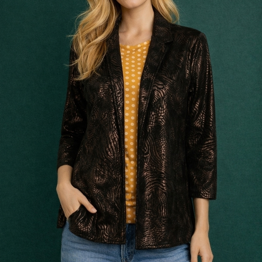 VTG BONWORTH Black Metallic Python Snakeskin Mobwife Open Front Blazer